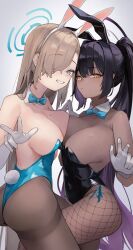2girls absurdres animal_ears aqua_leotard ass asuna_(blue_archive) asuna_(bunny)_(blue_archive) asymmetrical_bangs bare_shoulders black_hair black_leotard blue_archive blue_bow blue_bowtie blue_halo blue_leotard bow bowtie breast_press breasts cleavage commentary dark-skinned_female dark_skin detached_collar fake_animal_ears fake_tail fishnet_pantyhose fishnets gloves hair_over_one_eye halo highleg highleg_leotard highres jun_daniell karin_(blue_archive) karin_(bunny)_(blue_archive) large_breasts leotard long_hair looking_at_viewer mole mole_on_breast multiple_girls official_alternate_costume pantyhose playboy_bunny ponytail purple_halo rabbit_ears rabbit_tail smile strapless strapless_leotard tail thighband_pantyhose thighs traditional_bowtie v white_gloves wrist_cuffs yellow_eyes