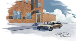 arched_window blue_sky brick_wall brush_stroke building car cing city cloud condenser_unit english_text haruonoff hotel hotel_dusk license_plate motor_vehicle no_humans realistic road scenery sign sky still_life urban vintage_car window