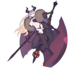 1girl animal_ears axe blonde_hair boots breasts brown_gloves commentary_request dungeon_squad enkyo_yuuichirou full_body fur_scarf gloves highres holding holding_axe holding_sword holding_weapon hoof_shoes horns huge_weapon large_breasts long_hair monster_girl navel planted planted_axe scales solo sword tail thigh_boots very_long_hair weapon white_background wind wind_lift yellow_eyes