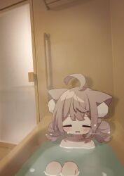 1girl :d ahoge animal_ear_fluff animal_ears bath bathing blush brown_hair cat_ears closed_eyes collarbone commentary highres indoors knees_up mixed_media nakkar open_mouth original photo_background short_hair sidelocks smile solo symbol-only_commentary twitter_username water