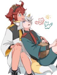 2girls ahoge animal_ears asticassia_school_uniform black_hairband blue_eyes blue_jacket blue_shorts chin_rest commentary_request fox_ears fox_girl fox_tail grey_eyes grey_hair gundam gundam_suisei_no_majo hairband hand_on_own_knee head_on_head head_rest highres holding_hands jacket jappo kemonomimi_mode long_hair miorine_rembran multiple_girls open_mouth ponytail raccoon_ears raccoon_girl raccoon_tail red_hair school_uniform shorts simple_background sitting suletta_mercury tail thick_eyebrows white_background white_jacket white_shorts yuri