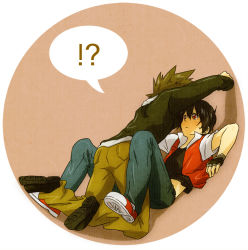 Rule 34 | !?, 00s, 1990s (style), 2boys, bad id, bad pixiv id, black hair, blue oak, blue oak (pokemon hgss), brown hair, circle, green eyes, male focus, multiple boys, nintendo, no headwear, pokemon, pokemon hgss, pokemon rgby, red (pokemon), red eyes, retro artstyle, short hair, speech bubble, surprised, tsukimushi, yaoi