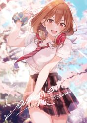 Rule 34 | 1girl, black skirt, blue scrunchie, blurry, blurry background, blush, breasts, brown eyes, brown hair, cherry blossoms, collared shirt, commentary request, day, depth of field, diagonal-striped clothes, diagonal-striped necktie, double-parted bangs, hair between eyes, hand up, headphones, headphones around neck, kohinata iroha (imouuzai), large breasts, looking at viewer, loose necktie, medium hair, miniskirt, necktie, official art, open mouth, outdoors, plaid clothes, plaid skirt, pleated skirt, red necktie, school uniform, scrunchie, shirt, shirt tucked in, short sleeves, skirt, smile, solo, striped clothes, tomari (veryberry00), tomodachi no imouto ga ore ni dake uzai, twitter username, white shirt, wing collar, wrist scrunchie