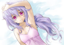 armpits bare_shoulders braid breasts frown highres kow_(kow0117) lingerie long_hair neptune_(series) pink_eyes purple_hair pururut sleepy small_breasts underwear unsure