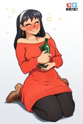 1girl alcohol bare_shoulders black_hair blush boots bottle breasts closed_eyes dress drunk earrings hair_ornament hairband highres holding jewelry kneeling large_breasts long_hair nortuet pantyhose red_sweater sitting smile solo spy_x_family squeans sweater sweater_dress yor_briar