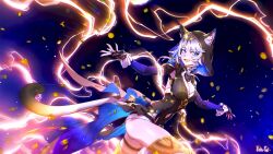 1girl :d animal_ears black_gloves blue_eyes breasts cat_ears cat_tail cipher_(honkai:_star_rail) cleavage electricity gloves grey_hair highres honkai:_star_rail honkai_(series) hood kate-fox long_sleeves looking_at_viewer medium_breasts open_mouth short_hair smile solo tail thigh_strap thighs