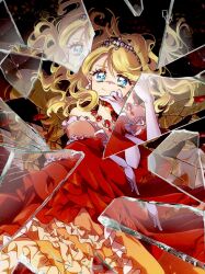 2girls absurdres ashita_no_nadja blonde_hair blue_eyes broken_mirror candle commentary_request crown dress elbow_gloves frilled_dress frills gloves highres kuwabara_(mola_8) letterboxed long_hair looking_at_viewer mirror multiple_girls nadja_applefield off_shoulder red_dress red_petals rosemary_applefield smile white_gloves
