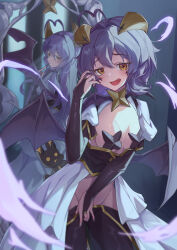 1girl absurdres ahoge bat_wings black_corset black_gloves black_nails black_pants breasts bridal_gauntlets commentary_request corset cross cross-shaped_pupils cross_pasties different_reflection fang fingernails gloves grin hair_intakes highres hiiragi_utena horns long_fingernails looking_at_viewer magia_baiser magical_girl mahou_shoujo_ni_akogarete medium_breasts medium_hair mirror nail_polish open_mouth pants pasties purple_hair reflection sktre12 smile standing symbol-shaped_pupils venalita wavy_mouth wings yellow_eyes