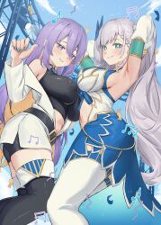2girls absurdres aqua_eyes armpits arms_up black_boots black_choker black_shirt black_shorts blonde_hair blue_bow blue_bowtie blue_dress blue_sky boots bow bowtie braid braided_bangs breasts bright_pupils choker closed_mouth clothing_cutout collared_shirt colored_inner_hair commentary commission cropped_shirt day detached_sleeves dress english_commentary feather_hair_ornament feathers gradient_hair grey_hair hair_ornament hand_up highres hololive hololive_indonesia jacket kangbus large_breasts long_dress long_hair long_sleeves looking_at_viewer midriff moona_hoshinova moona_hoshinova_(1st_costume) multicolored_hair multiple_girls musical_note navel off_shoulder outdoors parted_lips partially_unzipped pavolia_reine pavolia_reine_(1st_costume) purple_eyes purple_hair second-party_source shirt short_shorts shorts side_ponytail sky sleeveless sleeveless_dress smile starry_hair stomach_cutout swept_bangs thigh_boots thighhighs two-tone_hair very_long_hair virtual_youtuber wavy_hair white_jacket white_pupils white_sleeves white_thighhighs