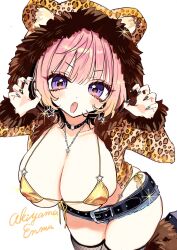 1girl akiyama_enma animal_hood animal_print artist_name belt bikini black_belt black_choker black_hair black_nails black_thighhighs blue_shorts blush breasts choker claw_pose cleavage collarbone dot_nose fang fingernails fishnet_thighhighs fishnets highres hood hoodie huge_breasts jewelry large_breasts leopard_print long_sleeves looking_at_viewer medium_hair multicolored_hair nail_polish necklace noa-senpai_wa_tomodachi. o-ring o-ring_choker open_clothes open_hoodie open_mouth pink_hair purple_eyes saotome_noa shorts side-tie_bikini_bottom simple_background solo star_(symbol) star_necklace swimsuit thighhighs thighs two-tone_hair white_background yellow_bikini yellow_hoodie