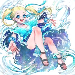 1girl :d blonde_hair blue_dress blue_eyes blue_nails blue_ribbon bracelet breasts cleavage dragon_quest dragon_quest_builders_2 dress earrings female_builder_(dqb2) floating_clothes floating_hair flowing_dress_(dq) gladiator_sandals hair_pulled_back hair_ribbon hoop_earrings jewelry km_navi liquid_dress looking_at_viewer medium_breasts necklace open_mouth ribbon sandals silver_bracelet silver_earrings smile solo twintails water_dress white_background