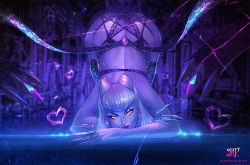 1girl ass back blue_eyeshadow claw_ring cone_hair_bun crossed_arms earrings evelynn_(league_of_legends) eyeliner eyeshadow furrowed_brow gem glowing glowing_eyes hair_bun heart highres jewelry k/da_(league_of_legends) lace lace-trimmed_legwear lace_garter_belt lace_panties lace_trim league_of_legends lingerie lipstick long_hair looking_at_viewer makeup panties purple_lips purple_theme renepolumorfous silver_hair solo the_baddest_evelynn thighhighs top-down_bottom-up underwear underwear_only victory_rolls