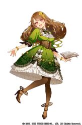 1girl book breasts brown_corset brown_hair corset dress frills full_body green_dress grimms_notes highres holding holding_book holding_weapon large_breasts official_art open_mouth pantyhose red_eyes ribbon shirotaka_(5choume) simple_background sleeping_beauty_(bara)_(grimms_notes) smile solo striped_ribbon weapon wheel white_background