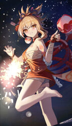 1girl absurdres arm_tattoo bandaged_arm bandages barefoot blush breast_tattoo breasts chest_sarashi commentary earrings english_commentary feet fingerless_gloves fireworks flower_tattoo foot_out_of_frame genshin_impact gloves hadanugi_dousa hair_ornament highres holding holding_candy_apple holding_fireworks japanese_clothes jewelry kimono medium_breasts nail_polish night open_kimono orange_eyes orange_gloves orange_hair orange_kimono orange_nails parted_lips sarashi short_hair single_fingerless_glove smile solo sparkler tattoo toes wuzhihuijia yoimiya_(genshin_impact)