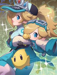 absurdres baby_rosalina baby_rosalina_(touring) blonde_hair blue_eyes clothes_around_waist earrings gloves goggles goggles_on_head hair_over_one_eye hat highres jacket jacket_around_waist jewelry long_hair luma_(mario) mario_(series) mario_kart mario_kart_world nintendo official_alternate_costume pacifier ponytail racing_suit rosalina rosalina_(pro_racer) shirt sleeves_past_fingers sleeves_past_wrists smile sparkle star_(symbol) star_earrings tight_clothes tight_shirt usa_go13