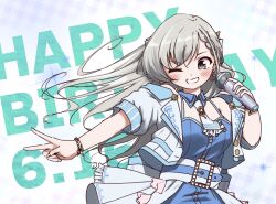 1girl belt belt_buckle blue_dress blush bracelet braid braided_bangs breasts buckle commentary_request cropped_jacket dated dress floating_hair grey_eyes grey_hair hand_up happy_birthday highres hisakawa_hayate holding holding_microphone idolmaster idolmaster_cinderella_girls jacket jewelry long_hair microphone off_shoulder one_eye_closed open_clothes open_jacket puffy_short_sleeves puffy_sleeves short_sleeves small_breasts smile solo text_background unadon_(unadoom) v very_long_hair white_belt white_jacket