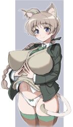 Rule 34 | 1girl, ahoge, animal ears, blue eyes, braid, breasts, brown hair, cameltoe, cardigan, cat ears, covered erect nipples, cowboy shot, green jacket, green necktie, grey background, jacket, kin-san (sasuraiga), kneehighs, large breasts, looking at viewer, lynette bishop, military jacket, navel, necktie, no pants, open mouth, panties, ponytail, shirt, short hair, simple background, smile, socks, solo, strike witches, strike witches: aurora no majo, strike witches: suomus misfits squadron, striped clothes, striped socks, underwear, white panties, white shirt, world witches series