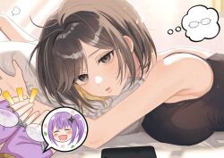 2girls ameno_(ameno_f) black_camisole breasts brown_eyes brown_hair camisole cellphone end_card glasses holding holding_removed_eyewear imagining koga_konoha kusagakure_satoko large_breasts looking_at_viewer lying multiple_girls ninja_to_koroshiya_no_futarigurashi official_art phone pillow purple_hair shuriken_hair_ornament smile speech_bubble thought_bubble unworn_eyewear