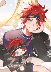 1boy aleo amagi_rinne black_headband black_jacket blue_eyes blush character_doll character_name doll ear_piercing earrings ensemble_stars! grin hand_on_own_cheek hand_on_own_face head_rest headband jacket jewelry long_sleeves looking_at_viewer lying male_focus necklace off_shoulder official_alternate_hairstyle on_stomach open_clothes open_jacket piercing purple_shirt red_hair shirt short_hair signature smile snowflakes solo teeth