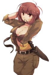 1girl antenna_hair arms_behind_head belt black_belt black_bra bob_cut bra breasts brown_eyes brown_hair chara_(undertale) cleavage collarbone collared_jacket commentary_request cowboy_shot genderswap genderswap_(otf) grey_jacket grey_pants hair_tie_in_mouth jacket knife lari-lab medium_breasts mouth_hold open_clothes open_jacket pants pocket ribbon-trimmed_bra ribbon_trim short_hair simple_background solo standing three-quarter_sleeves twitter_username underfell underswap undertale underwear v-shaped_eyebrows white_background