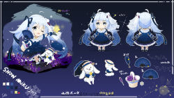 &gt;_&lt; 1girl 2017 asahi_kuroi basket blue_eyes blue_hair cancer_(constellation) character_name reference_sheet chibi constellation dress frilled_dress frills gemini_(constellation) gloves hat hatsune_miku highres long_hair looking_at_viewer one_eye_closed parasol pisces_(constellation) rabbit rabbit_yukine sky smile star_(sky) star_(symbol) starry_sky translation_request umbrella very_long_hair vocaloid yuki_miku yuki_miku_(2017)_(applicant)