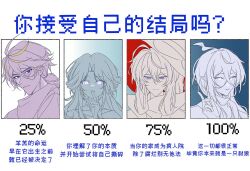 1girl 3boys ahoge bandana bandana_around_neck blonde_hair chinese_commentary chinese_text closed_mouth commentary_request crescent crescent_earrings crossed_bangs double-parted_bangs earrings finger_to_mouth frown grimrose_(plants_vs._zombies) grin hand_up hat highres index_finger_raised jewelry long_hair low_ponytail medium_hair moonflower_(plants_vs_zombies) multicolored_hair multiple_boys nightshade_(plants_vs_zombies) partially_colored personification plants_vs._zombies plants_vs._zombies_2 pointy_ears ponytail purple_eyes ring_sidelocks serious shadow_peashooter_(plants_vs_zombies) siiiiiiiiiii simple_background single_earring smile streaked_hair sweater translation_request trap tsurime turtleneck turtleneck_sweater white_eyes