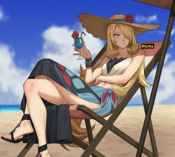 1girl artist_name bare_shoulders beach beach_chair blonde_hair blue_sky blurry blurry_background breasts breikka closed_mouth collarbone commentary crop_top crossed_legs cynthia_(pokemon) drinking_straw english_commentary feet flower foot_out_of_frame hair_over_one_eye hand_up hat hat_flower holding legs looking_to_the_side nintendo one_eye_closed outdoors pokemon pokemon_dppt red_flower sandals shoe_dangle sitting sky small_breasts solo strappy_heels sun_hat toes
