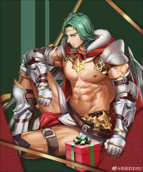 1boy abs absurdres anjingkuxiao bara bare_pectorals beard bow bowtie box cape chest_harness christmas facial_hair feet_out_of_frame fire_emblem fire_emblem:_three_houses fur-trimmed_cape fur_trim gauntlets gift gift_box green_hair harness highres large_pectorals leather looking_at_viewer male_focus mature_male muscular muscular_male navel nintendo nipples pectorals pelvic_curtain santa_costume seteth_(fire_emblem) short_hair sitting snowflake_print solo stomach thighs