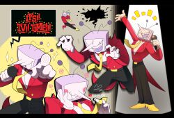1boy absurdres anger_vein ant_tenna black_pants blush_stickers commentary crt deltarune english_commentary gloves highres letterboxed lisa77494 male_focus multiple_views necktie notice_lines object_head outstretched_arm pants pointing pointing_at_viewer pointy_nose shirt shoes smile sparkle speech_bubble tailcoat teeth white_gloves white_shirt yellow_necktie yellow_shoes youtube_username