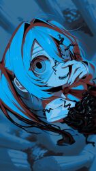 1girl absurdres bags_under_eyes blue_hair blue_theme blurry blurry_background bush collared_shirt depth_of_field eyepatch hair_intakes hand_on_own_cheek hand_on_own_face hatsune_miku head_tilt highres long_hair long_sleeves looking_at_viewer looking_up medical_eyepatch monitoring_(vocaloid) necktie open_mouth pillar red_necktie ringed_eyes sharp_teeth shirt sidelocks smile solo standing teeth twintails very_long_hair vocaloid wawasuke