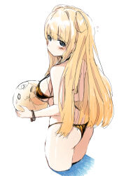 1girl absurdres ass ball beachball bikini blonde_hair blue_eyes breasts commentary_request double_bun dyson_(edaokunnsaikouya) fletcher_(kancolle) folded_hair from_behind gold_bikini hair_bun highres holding holding_ball kantai_collection large_breasts long_hair looking_at_viewer simple_background solo swimsuit wading water white_background