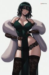 1girl absurdres adapted_costume ai-assisted armpit_crease artist_name bare_shoulders black_gloves black_outline black_panties black_thighhighs blush bob_cut bracelet breasts cleavage clothes_lift collarbone commentary dress dress_lift earrings elbow_gloves evening_gown eyeshadow feather_boa floral_print fubuki_(one-punch_man) glint gloves green_dress green_eyes green_eyeshadow green_hair grey_background hair_between_eyes halter_dress halterneck hand_on_own_hip highres jewelry knee_up lace lace_gloves lace_panties lace_thighhighs large_breasts long_dress looking_at_viewer low_neckline lowleg lowleg_panties makeup mascara necklace one-punch_man outline panties parted_lips patreon_logo pearl_bracelet pearl_necklace pelvic_curtain pink_lips prixmal ring short_hair sleeveless sleeveless_dress solo standing taut_clothes taut_dress thick_eyelashes thick_thighs thighhighs thighs tight_clothes tight_dress translucent underwear wide_hips