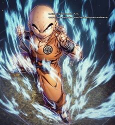 aura bald bald_male black_eyes dragon_ball fighting_stance kuririn looking_at_viewer martial_arts muscular muscular_male serious