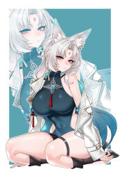 1girl absurdres animal_ear_fluff animal_ear_piercing animal_ears black_boots black_shorts blue_hair blue_nails blue_shirt blush boots border breasts commentary_request covered_navel dogs_(dlrkdejr26) feixiao_(honkai:_star_rail) forehead_jewel fox_ears fox_girl gradient_hair green_background green_eyes high_heel_boots high_heels highres honkai:_star_rail honkai_(series) jacket korean_commentary large_breasts long_hair looking_at_viewer multicolored_hair nail_polish parted_bangs parted_lips shirt shorts single_bare_shoulder single_off_shoulder sitting solo thighs variant_set very_long_hair white_border white_hair white_jacket zoom_layer