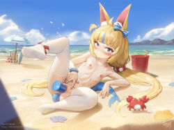 1girl anal anal_beads anal_object_insertion anal_tail animal_ears banned_artist beach bikini bikini_bottom_only blonde_hair blue_bikini blue_bow blue_eyes blue_hair blue_nails blue_scrunchie blue_sky blush bow bucket butt_plug cat_ears censored closed_mouth collarbone constricted_pupils crab day dildo fake_tail female_focus fins fish_girl fish_tail flat_chest full_body hair_bow heart heart_o-ring indie_virtual_youtuber innertube_hair_ornament loli looking_at_viewer low_twintails lying memechan mosaic_censoring multicolored_hair nail_polish navel nipples no_shoes o-ring o-ring_bottom object_insertion ocean on_back one_side_up outdoors paid_reward_available sameko_saba sand scrunchie seashell sex_toy shell signature sky soles solo streaked_hair string_bikini swimsuit tail thighhighs thong_bikini toes topless_female twintails two-tone_hair vaginal vaginal_object_insertion variant_set virtual_youtuber white_thighhighs wrist_scrunchie