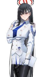 1girl absurdres black_hair black_halo blue_archive blue_jacket blue_necktie blue_skirt blunt_bangs breasts bright_pupils buttons double-breasted general_student_council_member_(blue_archive) gloves hair_ornament hairclip halo highres holding holding_tablet_pc jacket large_breasts long_hair looking_at_viewer multicolored_halo multicolored_jacket necktie pantyhose red_eyes red_halo rio_(blue_archive) shirt skirt solo tablet_pc two-tone_halo two-tone_jacket two-tone_skirt very_long_hair white_gloves white_jacket white_pupils white_shirt