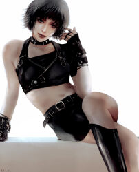 Rule 34 | 1girl, belt, black boots, black choker, black gloves, black hair, black skirt, boots, choker, crop top, crossed legs, devil may cry (series), fingerless gloves, gloves, lady (devil may cry), midriff, momokulala, navel, simple background, sitting, skirt, white background