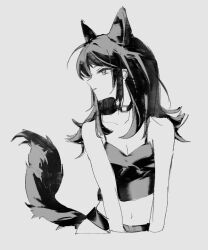 1girl animal_ears bang_dream! bang_dream!_it&#039;s_mygo!!!!! breasts camisole choker cleavage collarbone crop_top grey_background kemonomimi_mode medium_breasts medium_hair navel o-ring o-ring_choker parted_lips simple_background solo tail undersuito50673 wolf_ears wolf_girl wolf_tail yahata_umiri