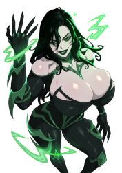 1girl bare_shoulders black_hair bodysuit breasts cam_the_art_guy gloves green_eyes hela_(marvel) highres large_breasts long_hair long_sleeves looking_at_viewer marvel marvel_cinematic_universe marvel_rivals simple_background smile solo thor:_ragnarok white_background