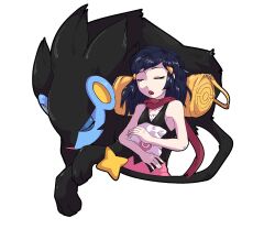 1girl :o bag bare_shoulders beanie black_fur black_hair black_shirt blue_fur closed_eyes dawn_(pokemon) duffel_bag gen_4_pokemon hat highres long_hair looking_at_viewer luxray nintendo pink_skirt poke_ball_print poke_ball_symbol pokemon pokemon_(creature) pokemon_dppt positibe red_scarf scarf shirt simple_background skirt sleeping sleeveless unworn_headwear upper_body white_background white_hat yellow_bag
