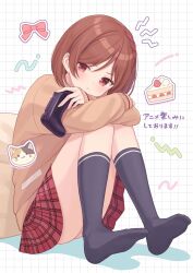 1girl :t arm_support black_socks bob_cut braid brown_eyes brown_hair brown_sweater class_no_daikirai_na_joshi_to_kekkon_suru_koto_ni_natta. closed_mouth commentary_request controller crossed_arms dot_nose full_body game_controller grid_background highres holding holding_controller holding_game_controller hugging_own_legs knees_together_feet_apart light_blush long_sleeves looking_at_viewer miniskirt multicolored_hair no_shoes plaid_clothes plaid_skirt red_hair red_skirt sakuramori_akane second-party_source shiromikan short_hair sitting skirt socks solo sticker sweater translation_request