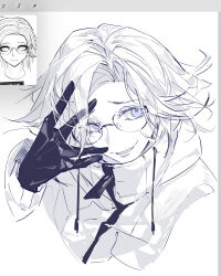 1boy \\// aotsuki_eito art_program_in_frame blue_eyes chinese_commentary commentary_request cropped_shoulders curtained_hair drawstring evil_smile flipped_hair frown glasses gloves greyscale hand_up highres jacket looking_to_the_side male_focus monochrome official_art_inset parted_lips popped_collar procreate_(medium) short_hair simple_background sketch smile solo the_hundred_line_-last_defense_academy- tropicalnight29 v v_over_eye white_background zipper zipper_pull_tab