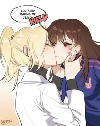 2girls age_difference animal_print blonde_hair blush brown_hair closed_eyes d.va_(overwatch) english_text facial_mark giji-p jacket kiss lab_coat long_hair mercy_(overwatch) multiple_girls overwatch overwatch_1 ponytail rabbit_print sweater track_jacket turtleneck turtleneck_sweater yuri