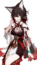 1girl :d absurdres animal_ears arm_up bare_shoulders brown_hair chinese_commentary colored_tips commentary_request cowboy_shot fox_ears fox_girl gradient_hair green_eyes gu_siyang_bai_niao hair_between_eyes hair_ornament highres honkai:_star_rail honkai_(series) light_blush looking_at_viewer medium_hair multicolored_hair open_mouth red_hair simple_background smile solo tassel teeth tingyun_(harmony)_(honkai:_star_rail) tingyun_(honkai:_star_rail) unfinished upper_teeth_only white_background