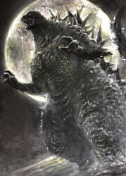 Rule 34 | absurdres, claws, dinosaur, full moon, g.n.a, giant, giant monster, godzilla, godzilla (series), godzilla minus one, highres, kaiju, monster, moon, night, no humans, open mouth, roaring, sea monster, sharp teeth, spikes, tail, teeth, toho, water