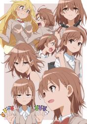 2girls absurdres anger_vein bag blazer blonde_hair bow bowtie breasts brown_eyes brown_hair brown_jacket brown_sweater_vest commentary_request finger_puppet gekota grabbing_another&#039;s_breast groping hair_ornament hairclip handbag highres jacket large_breasts long_hair long_sleeves medium_hair misaka_mikoto multiple_girls puppet red_bow red_bowtie rmwt7525 scene_reference school_emblem school_uniform shirt shokuhou_misaki short_sleeves simple_background sparkling_eyes summer_uniform sweater_vest toaru_kagaku_no_railgun toaru_majutsu_no_index tokiwadai_school_gym_uniform tokiwadai_school_uniform v-neck white_shirt winter_uniform