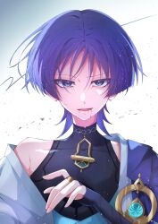 Rule 34 | 1boy, anemo symbol (genshin impact), aqua gemstone, armor, armpit crease, black bodysuit, black bridal gauntlets, blood, blood from mouth, blue eyes, blue kimono, blunt ends, bodysuit, bridal gauntlets, cape, choppy bangs, covered collarbone, fingernails, furrowed brow, gem, genshin impact, gold, gold ring, hand up, highres, japanese armor, japanese clothes, juban, kimono, kote, kurokote, looking at viewer, male focus, mandarin collar, middle ring, open clothes, open kimono, open mouth, purple cape, purple hair, scaramouche (genshin impact), shoulder peek, simple background, single off shoulder, solo, straight-on, sweatdrop, toa scara, tsurime, vision (genshin impact), wanderer (genshin impact), white background, white kimono