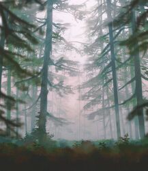 23i2ko blurry blurry_foreground branch bush day depth_of_field fog forest from_below glowing highres landscape nature original painterly pine_tree scenery tree