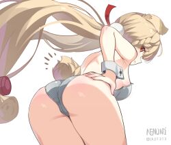 1girl absurdres alice_thymefield alternate_costume animal_ears armpits ass blonde_hair breasts highres leotard long_hair mouse_ears mouse_girl mouse_tail n3moni playboy_bunny pom_pom_(clothes) red_eyes small_breasts solo strapless strapless_leotard tail twintails very_long_hair white_leotard white_wrist_cuffs wrist_cuffs zenless_zone_zero