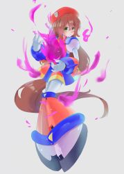 Rule 34 | 1girl, brown hair, fire, gotoku (twitter 1906669672738799616), green eyes, hat, highres, iris (mega man), long hair, mega man (series), mega man x (series), purple fire, red hat, simple background, solo, white background